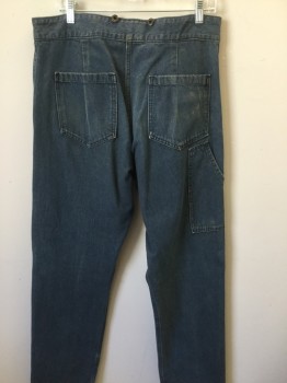 Mens, Historical Fiction Pants, N/L, Denim Blue, Cotton, Solid, 34, 34, Barn Door Front, Suspender Buttons, 4 Pockets, Aged/Distressed,  Cute Old Timey Work Jeans