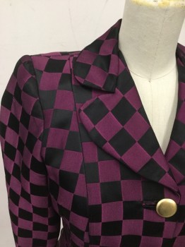 JS SIGNATURE, Purple, Black, Acetate, Cotton, Check , Shiny, 3 Gold Button Front, Collar Attached, Clover Notch Lapel, Long Sleeves
