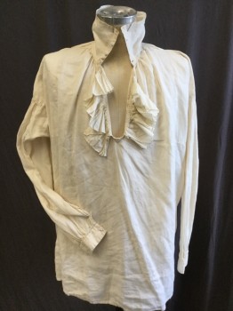 M.B.A. LTD, Beige, Linen, Cotton, Solid, Collar Attached with 3 Stitches Cover Buttons, U-neck with 3" Ruffles, Long Sleeves, (ink Mark on Left Chest--see Photo)