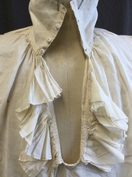 Mens, Historical Fiction Shirt, M.B.A. LTD, Beige, Linen, Cotton, Solid, XL, Collar Attached with 3 Stitches Cover Buttons, U-neck with 3" Ruffles, Long Sleeves, (ink Mark on Left Chest--see Photo)