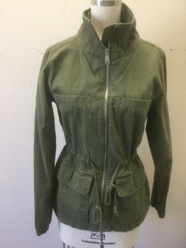 Womens, Casual Jacket, OLD NAVY, Olive Green, Cotton, Solid, XS, Zip Front, Stand Collar, 4 Pockets, Drawstring Waist, No Lining, Elastic Cuffs