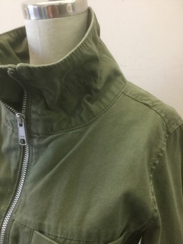 Womens, Casual Jacket, OLD NAVY, Olive Green, Cotton, Solid, XS, Zip Front, Stand Collar, 4 Pockets, Drawstring Waist, No Lining, Elastic Cuffs