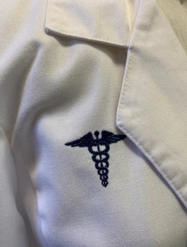Womens, Lab Coat Women, OVERPRO, White, Poly/Cotton, Solid, S, 3 Button Front, Notch Collar Attached, Long Sleeves, Navy Embroidered Medical Symbol at Chest, 2 Pockets, Attached Back Waist Band