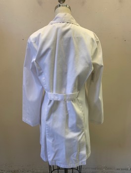 Womens, Lab Coat Women, OVERPRO, White, Poly/Cotton, Solid, S, 3 Button Front, Notch Collar Attached, Long Sleeves, Navy Embroidered Medical Symbol at Chest, 2 Pockets, Attached Back Waist Band