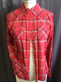 Womens, Shirt, WRANGLER, Red, Orange, Black, Off White, Maroon Red, Cotton, Plaid, S, Collar Attached,  Shinny Red with Silver Trim Snap Front, Yoke Front & Back, 2 Pockets with Flap, Long Sleeves,