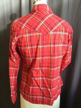 WRANGLER, Red, Orange, Black, Off White, Maroon Red, Cotton, Plaid, Collar Attached,  Shinny Red with Silver Trim Snap Front, Yoke Front & Back, 2 Pockets with Flap, Long Sleeves,