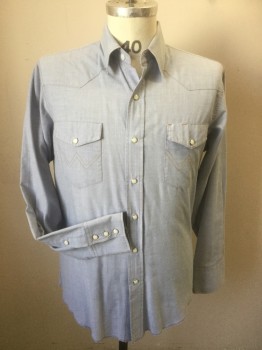 WRANGLER, Ice Blue, Polyester, Cotton, Solid, Snap Front, Long Sleeves, 2 Pockets with Stitched 'W', Double,