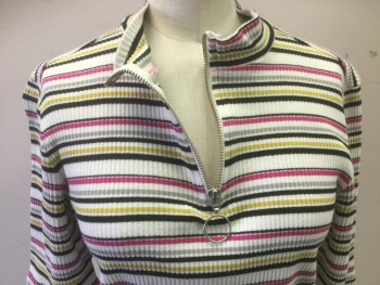 BP., Multi-color, White, Black, Lt Gray, Pink, Cotton, Spandex, Stripes - Horizontal , Short Sleeves, Pullover, 1/4 Zipper, Rib Knit,