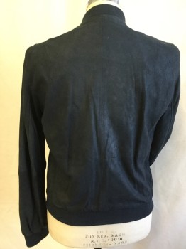 Mens, Leather Jacket, JOHN VARVATOS, Black, Suede, Solid, S, Ribbed Knit Black Collar Attached, Long Sleeves Cuffs & Hem, Zip Front, 2 Pockets, Navy with "JV" Logo Lining