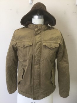 Mens, Casual Jacket, UR URBAN REPUBLIC, Caramel Brown, Brown, Cotton, Polyester, Solid, S, Zip and Snap Closures at Front, 4 Pockets, Brown Jersey Hood, Brown Fleece Lining, Epaulettes on Shoulders