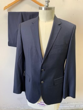 HUGO BOSS, Midnight Blue, Wool, Self Micro Grid Texture, Single Breasted, Notched Lapel, Hand Picked Stitching on Lapel, 2 Buttons,  3 Pockets