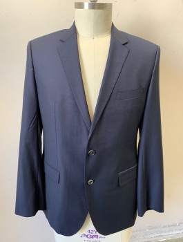 HUGO BOSS, Midnight Blue, Wool, Self Micro Grid Texture, Single Breasted, Notched Lapel, Hand Picked Stitching on Lapel, 2 Buttons,  3 Pockets