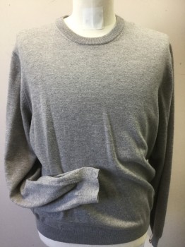 BROOKS BROTHERS, Lt Gray, Wool, Nylon, Solid, Long Sleeves, Crew Neck,