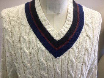 Mens, Pullover Sweater, POLO RALPH LAUREN, Ivory White, Black, Wine Red, Dk Blue, Cotton, Cable Knit, Stripes, 40, Large, V-neck, Heavy Weight Cotton