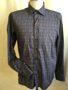 ETRO, Brown, Midnight Blue, Purple, Cotton, Paisley/Swirls, L/S, Button Front, C.A, Panel Added at Cuff to Lengthen Sleeve