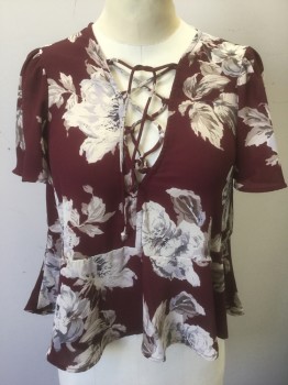 KIMCHI BLUE, Red Burgundy, Eggshell White, Lt Gray, Taupe, Dk Gray, Polyester, Floral, Burgundy with Large Shades of Eggshell/Beige/Gray Roses Pattern, Chiffon, Cap Sleeve, V-neck with Lacings/Ties, Peplum Waist