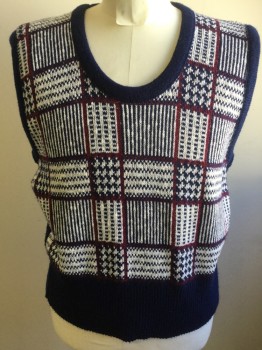 Mens, Vest, KING'S ROAD SEARS, Navy Blue, White, Red Burgundy, Acrylic, Geometric, Large, 40, Sweater Vest, U-Neck, Pullover,