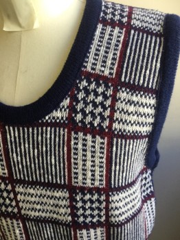 KING'S ROAD SEARS, Navy Blue, White, Red Burgundy, Acrylic, Geometric, Sweater Vest, U-Neck, Pullover,