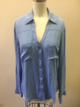 EXPRESS, Cornflower Blue, Polyester, Solid, Chiffon, Long Sleeve Button Front, Collar Attached, V-neck, 2 Patch Pockets at Chest, Yoke Across Upper Chest
