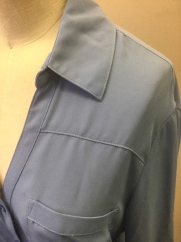 EXPRESS, Cornflower Blue, Polyester, Solid, Chiffon, Long Sleeve Button Front, Collar Attached, V-neck, 2 Patch Pockets at Chest, Yoke Across Upper Chest