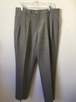 FINERI, Lt Brown, Wool, Light Brown with Black Crosshatching, Double Pleats, Button Tab, 4 Pockets, Belt Loops