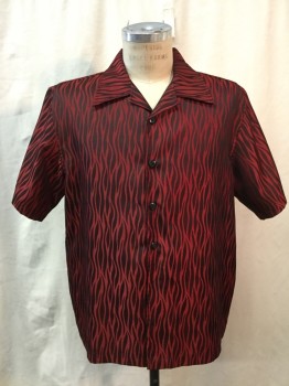 7 DIAMONDS, Black, Red, Synthetic, Novelty Pattern, Flame Brocade, Button Front, Open Collar, Short Sleeves,