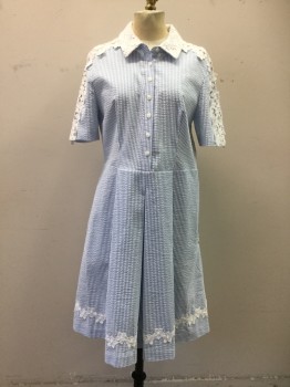 Womens, Dress, Short Sleeve, DRAPER JAMES, Lt Blue, White, Cotton, Polyester, Stripes, 8, Seersucker, Button Front, Top, Collar Attached, Floral Lace Collar and Top Sleeves, Short Sleeves, Pleated Skirt, Side Zip, Floral Lace Band Skirt Hem