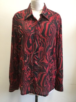 KENNETH COLE, Black, Red, Tan Brown, Polyester, Spandex, Novelty Pattern, Swirl Pattern, Button Front, Hidden Placket, Collar Attached, Long Sleeves, Side Seam Slits