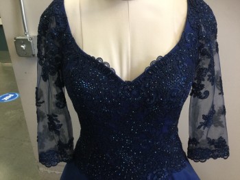 Womens, Evening Gown, MORRELL MAXIE, Navy Blue, Polyester, Nylon, Solid, B 34, 8, W 30, Full Ballroom Gown, Navy Lace Bodice Embellished with Peacock Swarovsky Crystals, Nylon Mesh 3/4 Sleeves, V-neck, Back Zipper, Underskirt is Layered with Tulle, 2 Pockets,