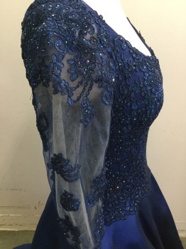 Womens, Evening Gown, MORRELL MAXIE, Navy Blue, Polyester, Nylon, Solid, B 34, 8, W 30, Full Ballroom Gown, Navy Lace Bodice Embellished with Peacock Swarovsky Crystals, Nylon Mesh 3/4 Sleeves, V-neck, Back Zipper, Underskirt is Layered with Tulle, 2 Pockets,