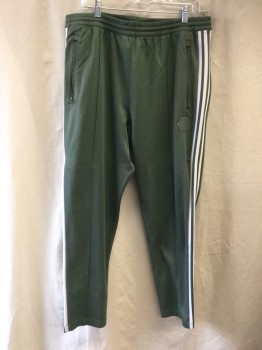 Mens, Sweatsuit Pants, ADIDAS, Sage Green, White, Polyester, Elastane, Solid, XL, Elasticized Waistband with Drawstring, 3 Pockets, Sew Down Crease, Taperred, Side Stripes, Pull On, *Triple*