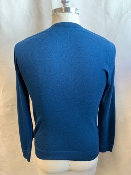 TED BAKER, Steel Blue, Wool, Solid, V-neck, Ribbed Knit Neck/Waistband/Cuff, Long Sleeves
