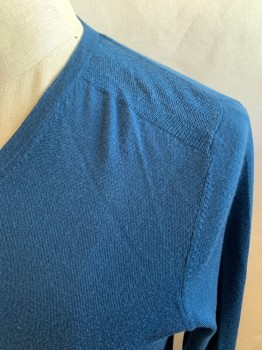 TED BAKER, Steel Blue, Wool, Solid, V-neck, Ribbed Knit Neck/Waistband/Cuff, Long Sleeves