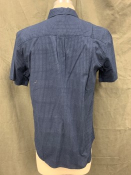 Mens, Casual Shirt, MARINE LAYER, Navy Blue, Lt Blue, Cotton, Abstract , Grid , M, Button Front, Collar Attached, Short Sleeves, Left Chest Pocket