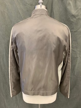 Mens, Casual Jacket, JUICY COUTURE, Brown, Taupe, Polyester, Color Blocking, L, Brown Body, Taupe Sleeve Top Panels with Brown Piping, Zip Front, Stand Collar with Snap Tab Closure, 2 Pockets, Zip Lower Sleeve, Lining Graphic "The Damnation Army"