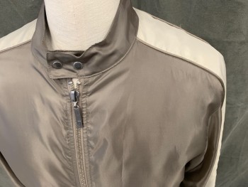 Mens, Casual Jacket, JUICY COUTURE, Brown, Taupe, Polyester, Color Blocking, L, Brown Body, Taupe Sleeve Top Panels with Brown Piping, Zip Front, Stand Collar with Snap Tab Closure, 2 Pockets, Zip Lower Sleeve, Lining Graphic "The Damnation Army"