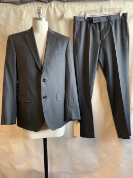 Mens, Suit, Jacket, TED BAKER, Heather Gray, Wool, Solid, 40 R, Notched Lapel, Collar Attached, 2 Buttons,  3 Pockets,