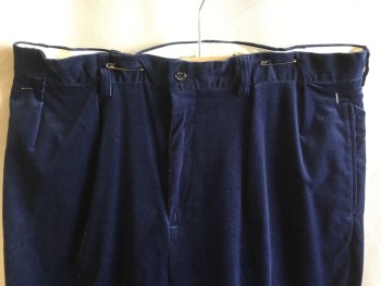 POLO, Navy Blue, Cotton, Elastane, Solid, Corduroy, 1.5" Waistband with Hoops, 2 Pleat Front, Zip Front, 4 Pockets