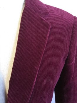 THEORY, Red Burgundy, Maroon Red, Cotton, Elastane, Solid, Corduroy, Notched Lapel, Single Breasted, Maroon Lining, 1 Button Front, 2 Pockets, Long Sleeves, 1 Split Back Center Hem