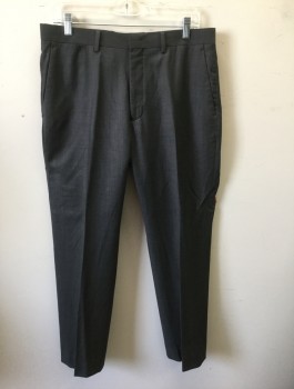 Mens, Suit, Pants, DKNY, Gray, Wool, Solid, Ins:30, W:34, Flat Front, Zip Fly, 5 Pockets Including 1 Watch Pocket