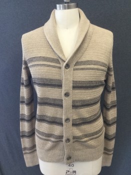 Mens, Cardigan Sweater, BANANA REPUBLIC, Oatmeal Brown, Brown, Linen, Stripes, M, Shawl Collar, Solid Oatmeal Collar/Placket/Cuff/Waistband, Ribbed Knit Cuff/Waistband, Button Front