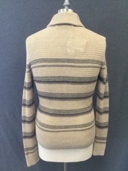 Mens, Cardigan Sweater, BANANA REPUBLIC, Oatmeal Brown, Brown, Linen, Stripes, M, Shawl Collar, Solid Oatmeal Collar/Placket/Cuff/Waistband, Ribbed Knit Cuff/Waistband, Button Front
