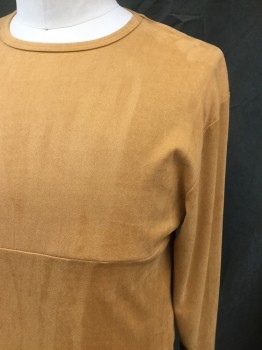 Mens, Casual Shirt, DECIBIL, Caramel Brown, Dk Brown, Polyester, Color Blocking, L, Faux Suede, Crew Neck, Long Sleeves, Vertical Chest Seam, Dark Brown Lower Panel, Hem Lower in Back, Zips at Side Seam Hem