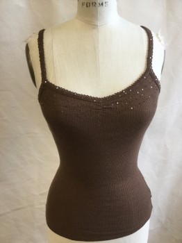 FREE PEOPE, Brown, Wool, Solid, Flat Knit, V-neck with Self Tiny Scallop Trim, with Tiny Iridescent Clear Sequins, Spaghetti Straps,