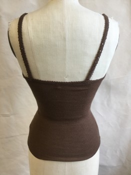 Womens, Top, FREE PEOPE, Brown, Wool, Solid, XS, Flat Knit, V-neck with Self Tiny Scallop Trim, with Tiny Iridescent Clear Sequins, Spaghetti Straps,