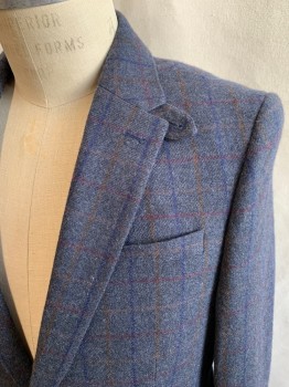 HAMMOND & CO, Blue-Gray, Burnt Orange, Red, Wool, Acrylic, Plaid-  Windowpane, 2 Buttons, 4 Pockets, Notched Lapel, 4 Button Sleeves, Double Vent, Adjustable Collar