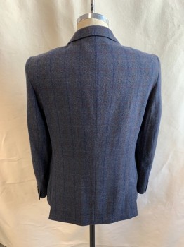 HAMMOND & CO, Blue-Gray, Burnt Orange, Red, Wool, Acrylic, Plaid-  Windowpane, 2 Buttons, 4 Pockets, Notched Lapel, 4 Button Sleeves, Double Vent, Adjustable Collar