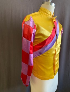 Unisex, Windbreaker, WEST COAST RACING CO, Sunflower Yellow, Red, Lavender Purple, Polyester, Color Blocking, C:34, Jockey Jacket, Satin, Diagonal Stripes On Torso, Checkerboard Red/Lavender Sleeves, Velcro Closures At Front, Stand Collar With Self Bow