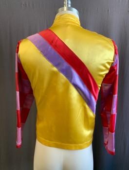 Unisex, Windbreaker, WEST COAST RACING CO, Sunflower Yellow, Red, Lavender Purple, Polyester, Color Blocking, C:34, Jockey Jacket, Satin, Diagonal Stripes On Torso, Checkerboard Red/Lavender Sleeves, Velcro Closures At Front, Stand Collar With Self Bow