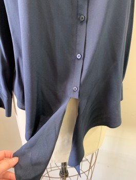 Womens, Blouse, ANTONIO MELANI, Navy Blue, Silk, Solid, L, Chiffon, Long Sleeves, Button Front, V-neck, Collar Attached, Self Ties/Tails at Front Waist Hem